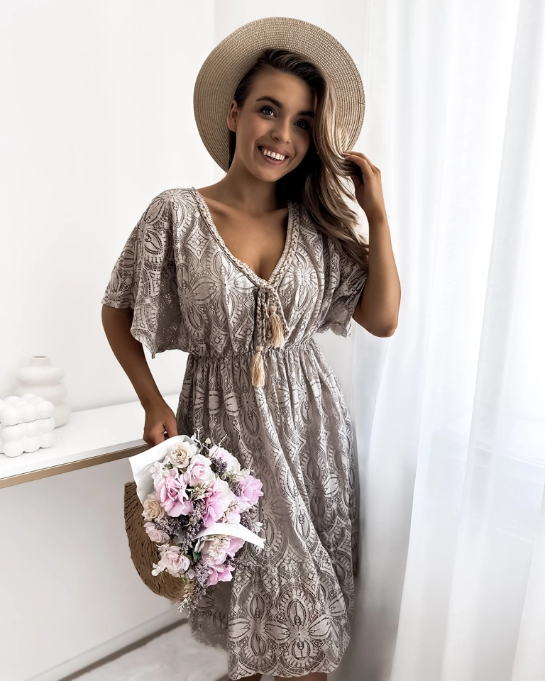 Royalfashion Knielanges Damenkleid aus Spitze in khaki