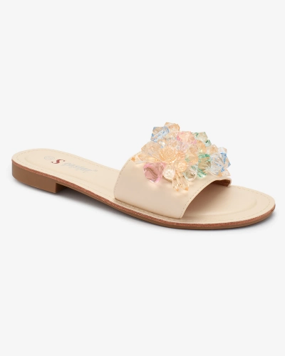 Royalfashion Beige Damen Flip-Flops mit bunten Kristallen Bling Breeze