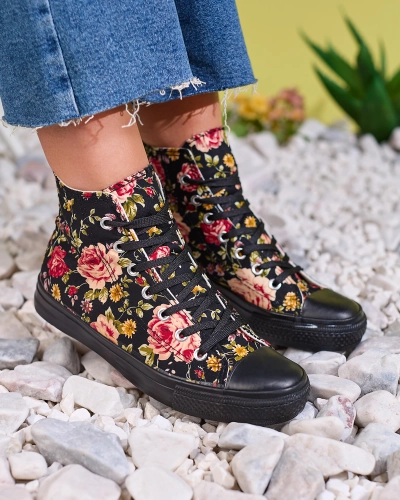 Royalfashion Damen hohe schwarze Sneakers mit Blumendruck Fahenna