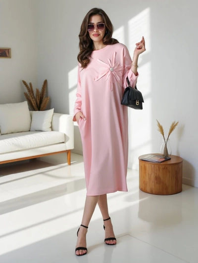 Royalfashion Damen Midi-Kleid Stoff oversized mit Blume