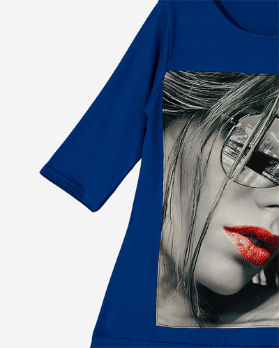 Marineblaues Damenkleid mit Aufdruck und abgeschnittenem Saum - Kleidung