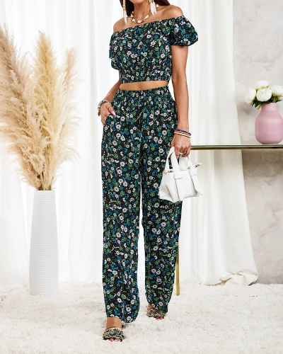 Royalfashion Schwarzes zweiteiliges Set für Damen mit Blumenmuster