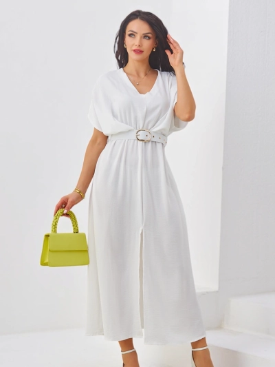 Royalfashion Damen-Midikleid mit kurzen Ärmeln, V-Ausschnitt und Schlitz vorne