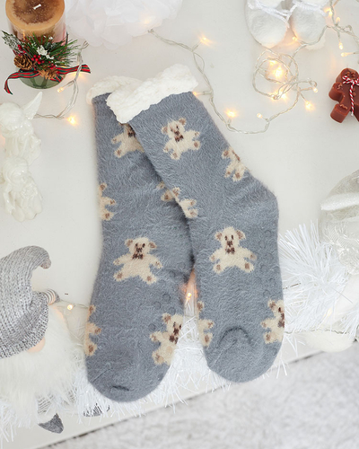 Royalfashion Warme graue Damensocken mit Teddybären