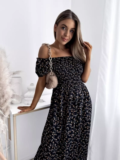 Geblümtes schwarzes Damen Midikleid - Kleidung