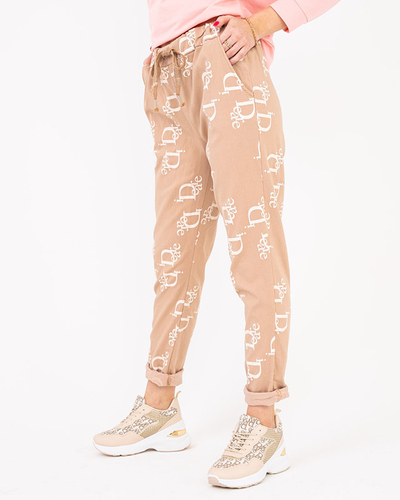 Beige Stoffhose für Damen mit Aufschriften - Kleidung