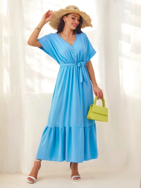 Royalfashion Damen-Midikleid mit kurzen Ärmeln und dekorativen Knöpfen