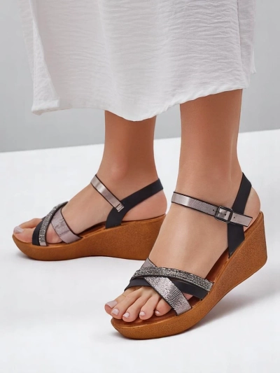 Royalfashion Damen-Wedgesandalen mit Strasssteinen und Glitzer Glittera