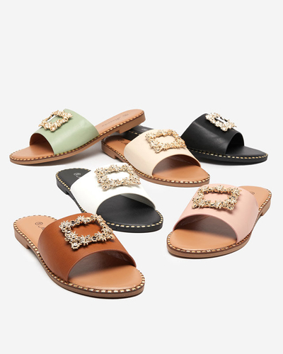 OUTLET Grüne elegante Damenhausschuhe mit goldener Verzierung Meriso - Footwear