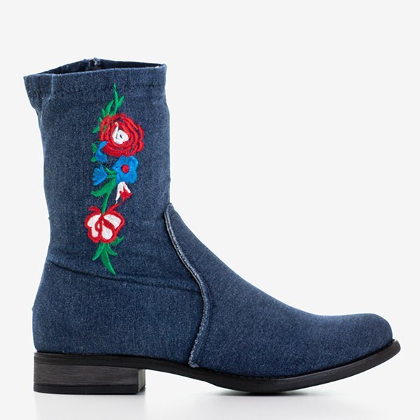 Dunkelblaue Stiefel mit flachem Absatz und Muraja-Stickerei - Schuhe
