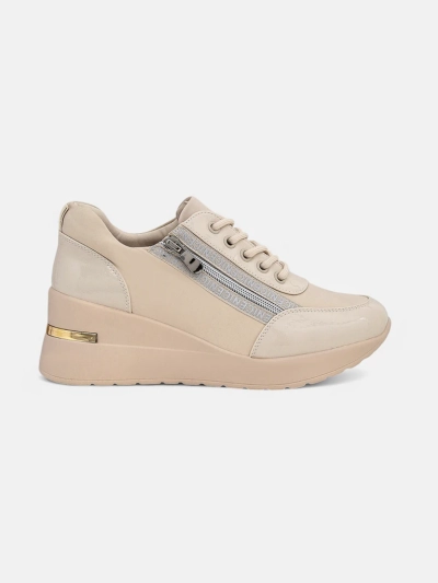 Damen-Sneakers mit Keilabsatz HeraBea beige aus Öko-Leder 6,5 cm mit Reißverschluss