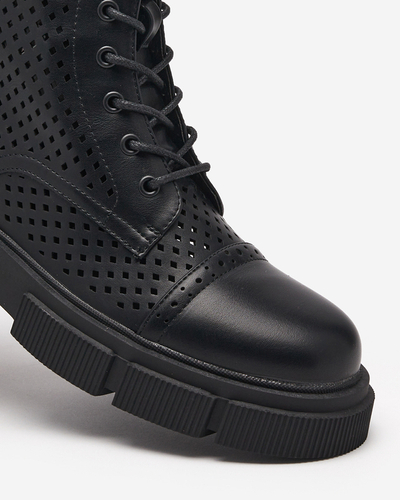 Schwarze durchbrochene Damenstiefeletten mit flachem Absatz Rolika - Footwear