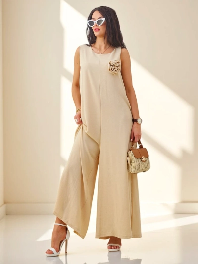 Sommerlicher, langer Jumpsuit Marcellina Beige Viskose mit Trägern