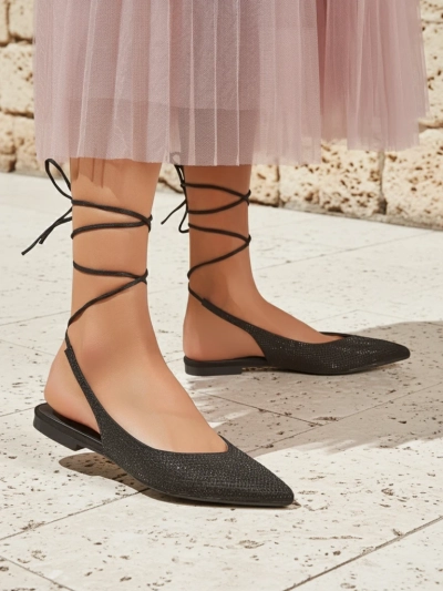 Sandały Damiane Nero - Schwarze Ballerinas zum Schnüren aus Stoff, flacher Absatz