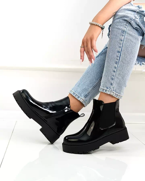 Royalfashion Schwarz lackierte Damenstiefel ohne Absatz Glossy Chic Stiefel