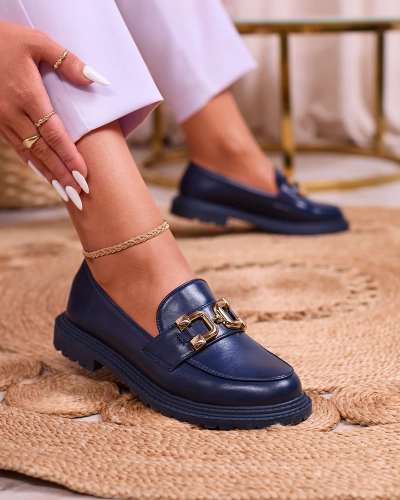 Жіночі мокасини Royalfashion темно-синього кольору з золотистим декором Aderica