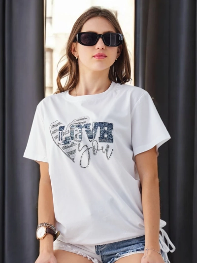Royalfashion Damen Baumwoll-T-Shirt LOVE mit Strasssteinen