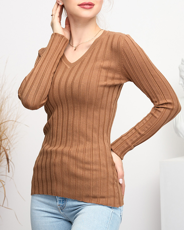Brauner Damenpullover mit V-Ausschnitt - Kleidung
