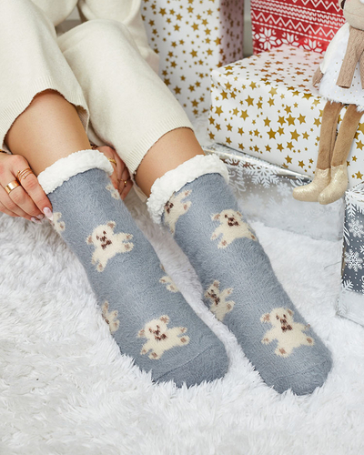 Royalfashion Warme graue Damensocken mit Teddybären