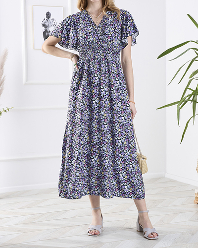 Schwarzes langes Damenkleid mit lila Blumen - Kleidung