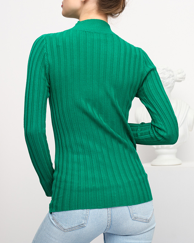 Grüner gerippter Damenpullover mit Stehkragen - Kleidung