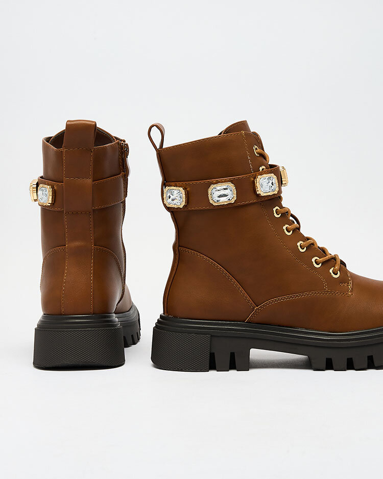 Royalfashion Braune Damen Futiti Baggerstiefel mit flachem Absatz