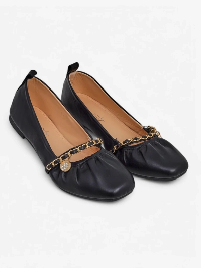 Damen Ballerinas Ariadna Nero – schwarz, flach, Öko-Leder, goldene Verzierung