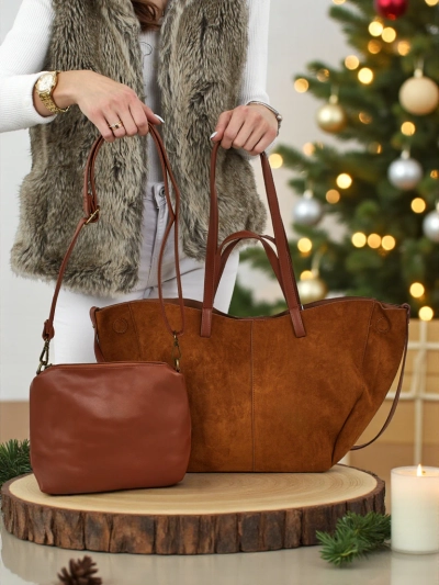 Damen Shopper Handtasche Öko-Wildleder mit kleinerer Öko-Leder Handtasche im 2in1 Set Elinea