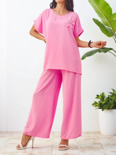 Royalfashion Damen Set mit kurzen Ärmeln und dekorativem Blumenmuster sowie weitem Hosen