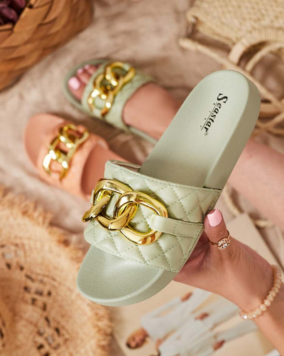 Grüne gesteppte Damenhausschuhe mit goldener Kette Eteris - Schuhe