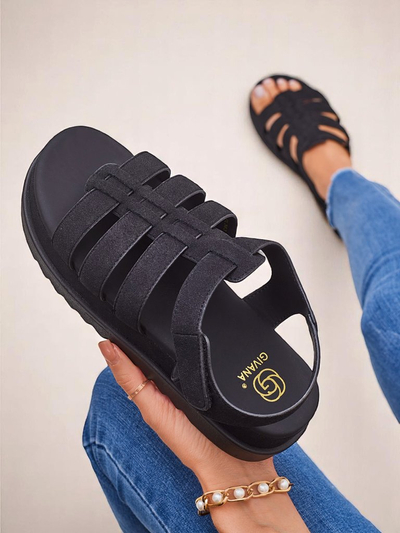 Damen Sandalen Heraclea Royalfashion auf Plateau schwarz aus Öko-Leder