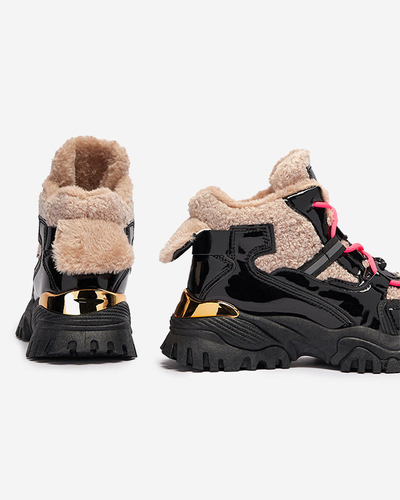 Schwarze Damen-Sportschuhe mit Pelz und neonpinken Schnürsenkeln Adbo- Footwear