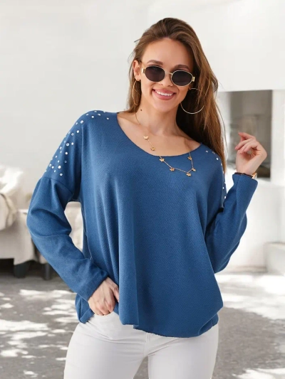 Royalfashion Damen dünner Viskosepullover mit Strasssteinen auf den Schultern