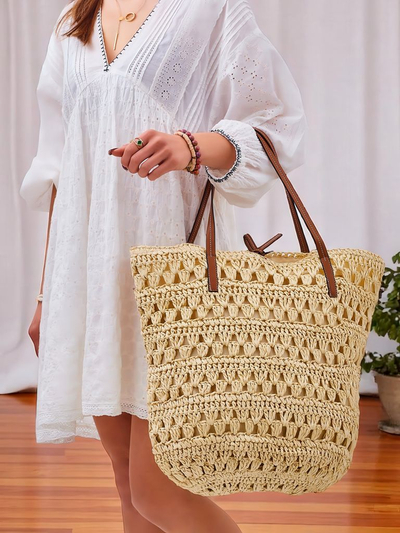Royalfashion Große Strohtasche für Damen Natur Klassisch