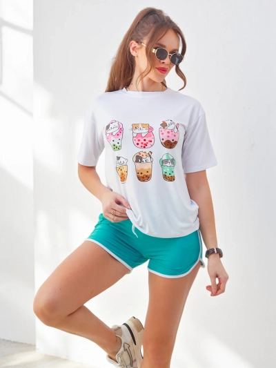 Royalfashion Damen Sportset mit T-Shirt und Shorts Kitty Cat