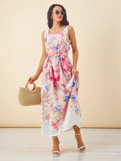 Royalfashion Damen Viskose-Midikleid mit Trägern, mit einem Gürtel in verschiedenen Blumen