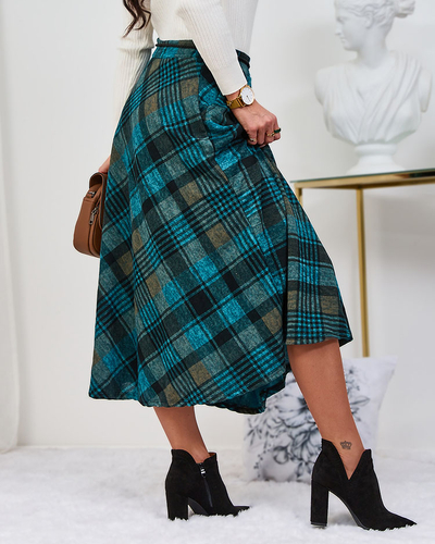 Royalfashion Світло-коричнева та бірюзова жіноча спідниця міді в клітинку