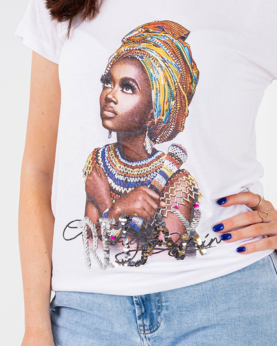 Weißes Damen-T-Shirt mit buntem Aufdruck und Pailletten - Kleidung