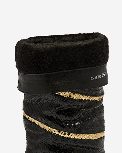 Чорно-золоті жіночі чоботи на шпильці з рельєфними смужками Felifea- Взуття