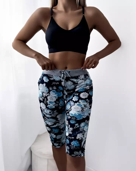 Dunkelblaue Damen-Shorts in 3/4-Länge mit Blumenmuster - Bekleidung