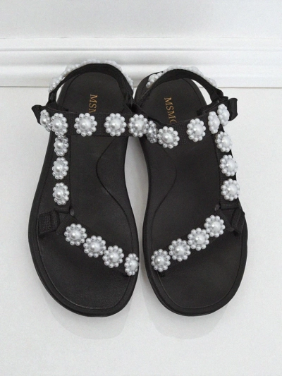 Royalfashion Perseida Damen Plateausandalen Schwarz mit Perlen