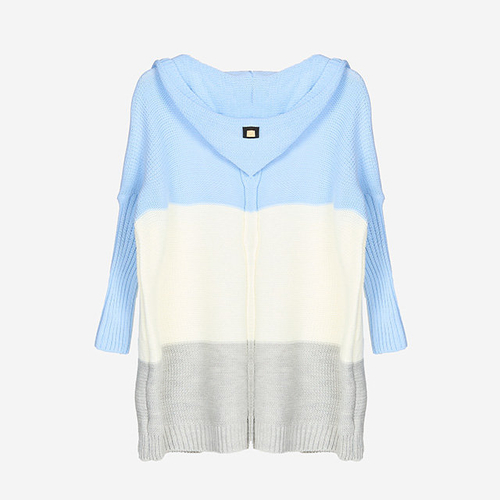 Довгий жіночий светр-накидка синьо-кремового-сірого кольорів