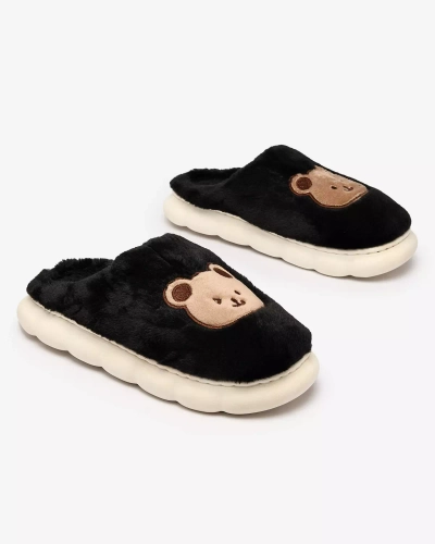 Royalfashion Schwarze Damen-Pelzpantoffeln mit Teddybär Hettres