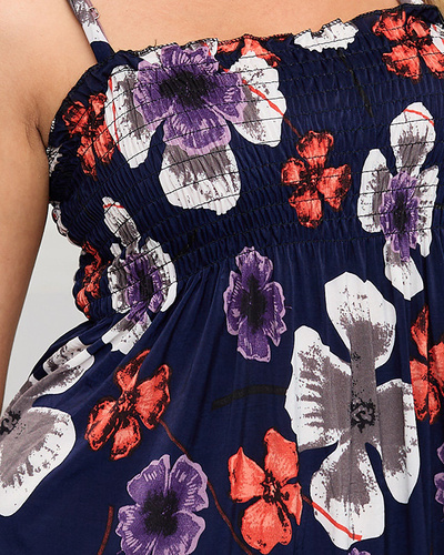 Marineblaues kurzes Kleid mit geblümten Trägern - Kleidung