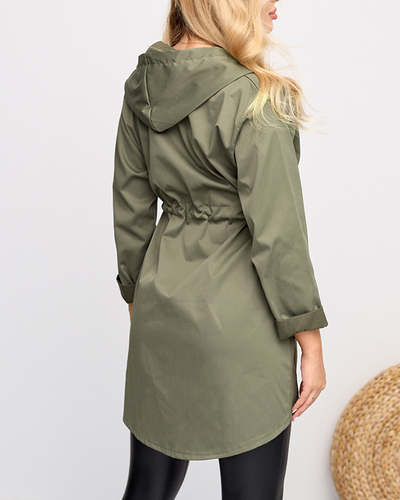 Dunkelgrüne, lange Windbreaker-Jacke mit gebundener Taille für Damen - Kleidung