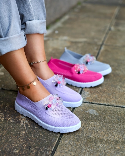 Royalfashion Lila Damen Stoff Mokassins mit Kristallen Fezens