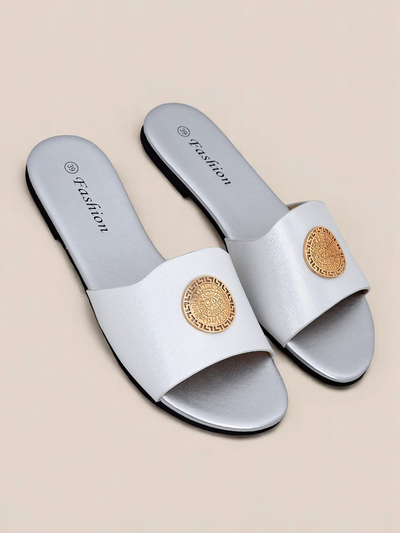 Royalfashion Damen Pantoletten mit flacher Sohle Golden Slip
