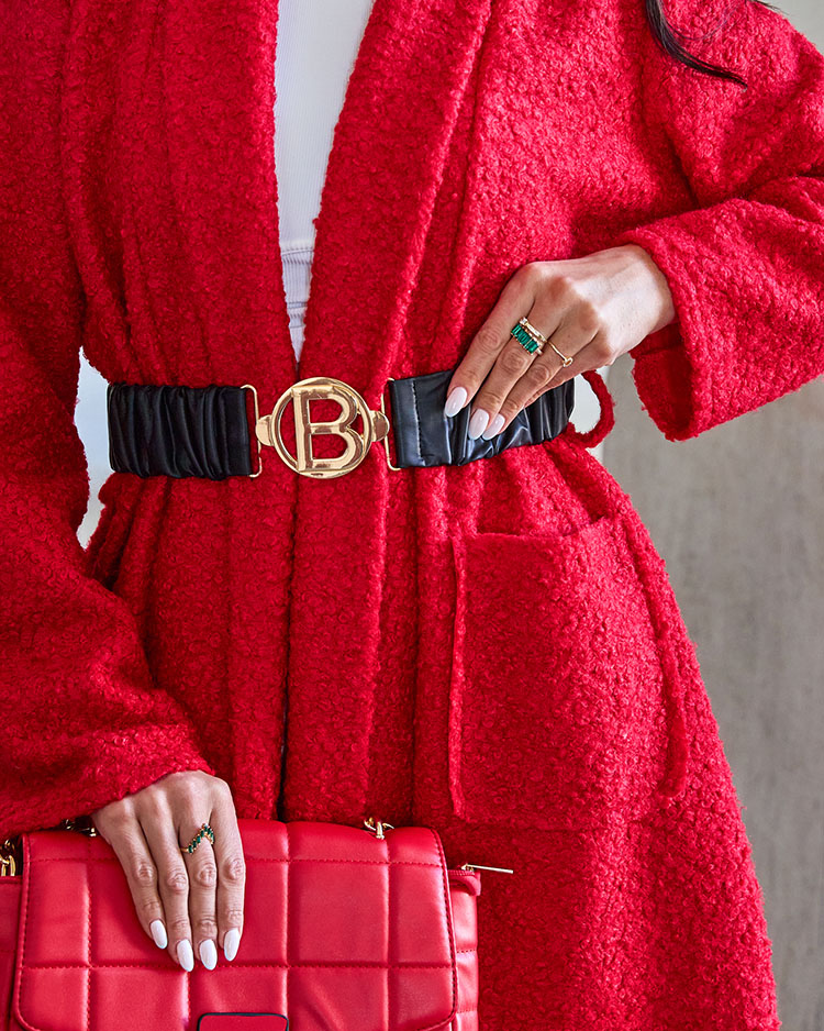 Royalfashion Blauer Damenmantel aus Schafsfell mit Gürtel