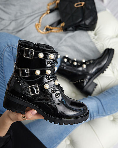 Schwarz lackierte Damenstiefel mit Perlen Salviso - Schuhe