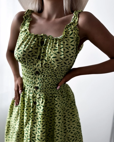 Knielanges Damenkleid mit Print in Grün- Kleidung